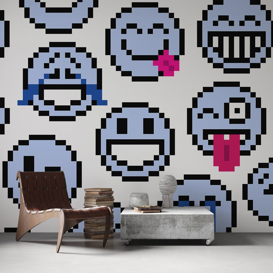 Seamless pattern of blue smiley faces