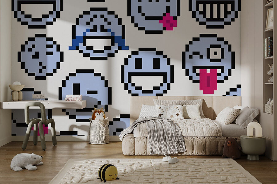Seamless pattern of blue smiley faces