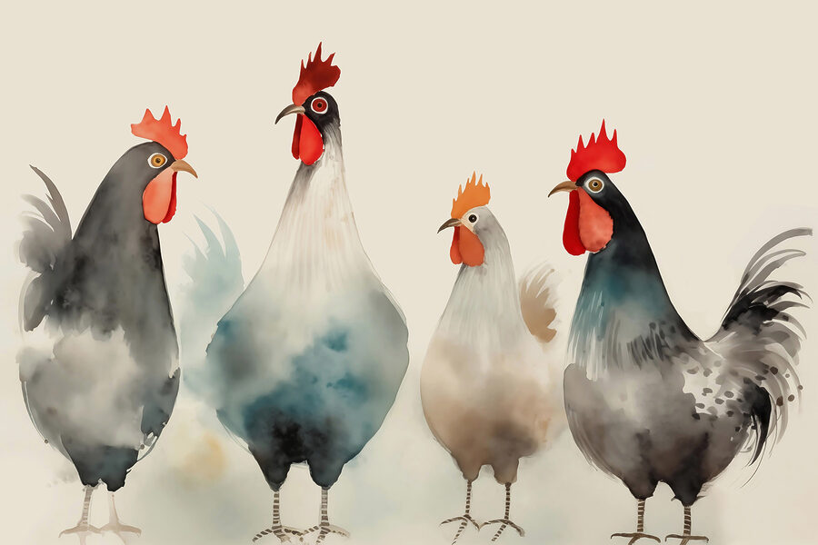 Group of chickens with red and white feathers
