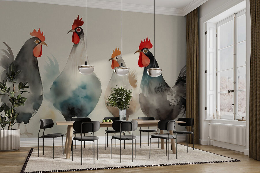 Group of chickens with red and white feathers
