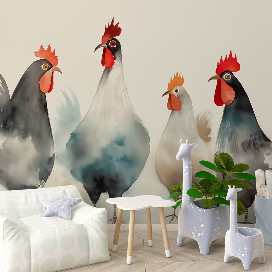Group of chickens with red and white feathers