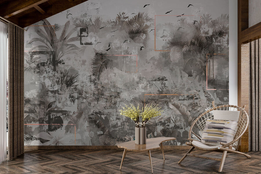Grey and white wallpaper with birds flying around Grey and white wallpaper with birds flying around