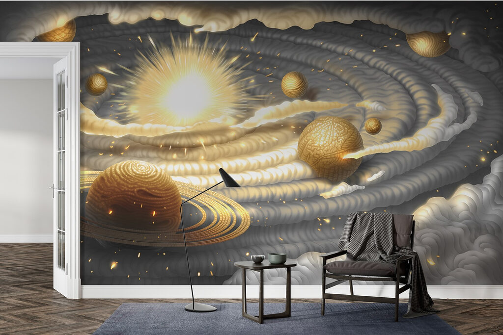Planet with rings and stars in the sky