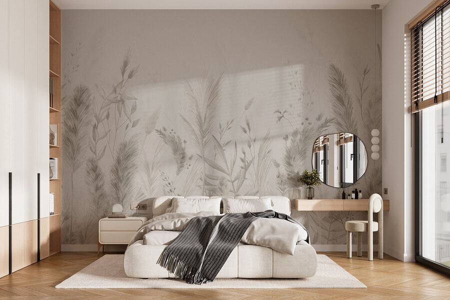 Whimsical botanical illustration in neutrals