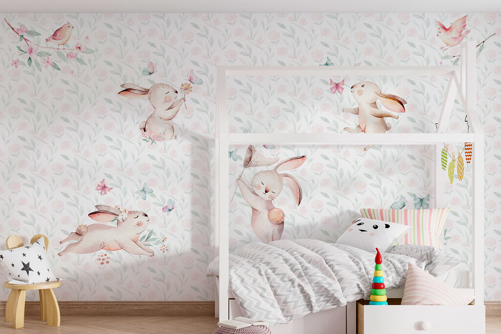 Pattern of watercolor bunnies and butterflies