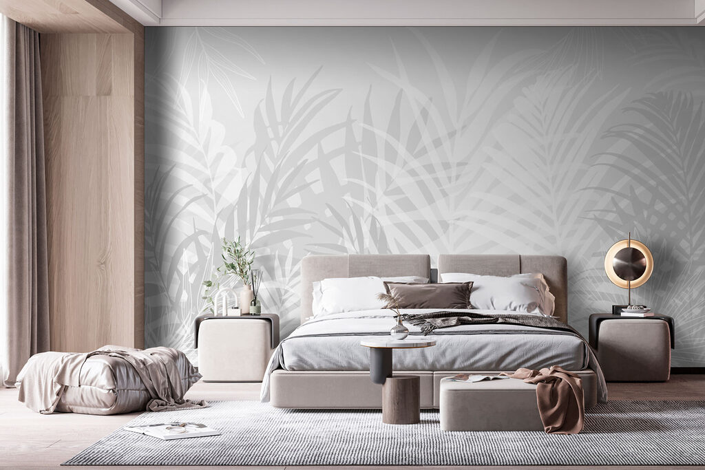 Grey and white background with leaves