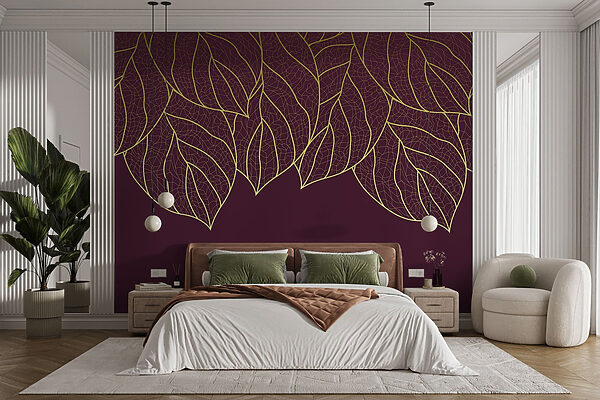 Elegant leaves on deep maroon background Elegant leaves on deep maroon background