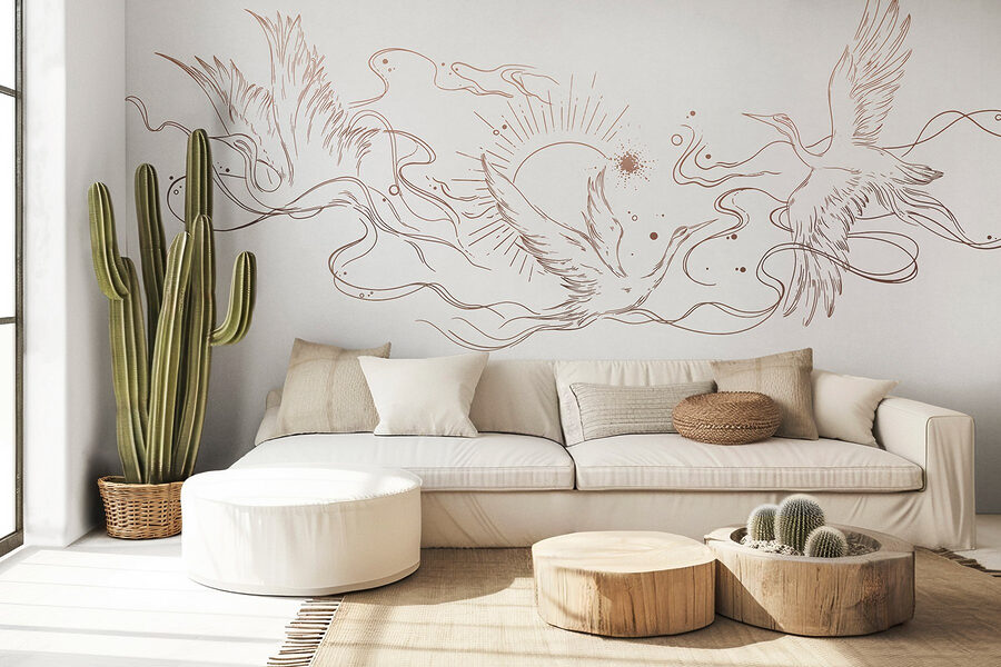 Drawing of birds and sun