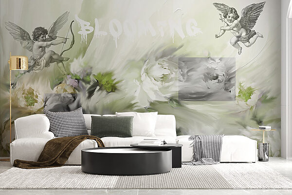 Painting of angels with a bow and arrow on flowers Painting of angels with a bow and arrow on flowers