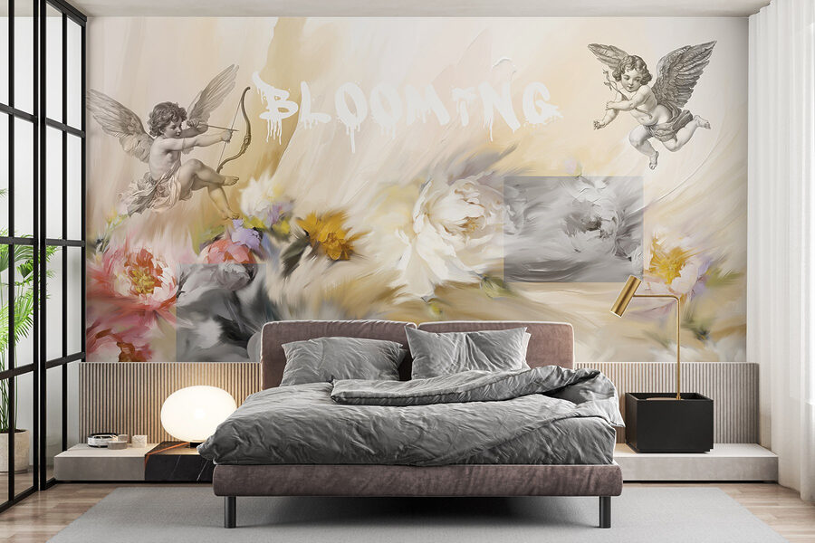 Painting of angels with a bow and arrow shooting flowers Painting of angels with a bow and arrow shooting flowers