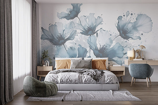 Wall murals Group of flowers with blue and white colors