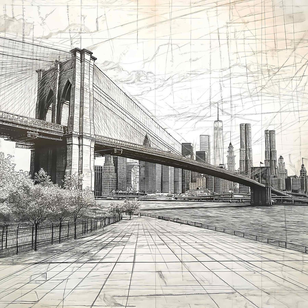 Drawing of a bridge and a city Drawing of a bridge and a city
