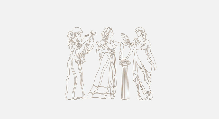 Line drawing of women in long dresses