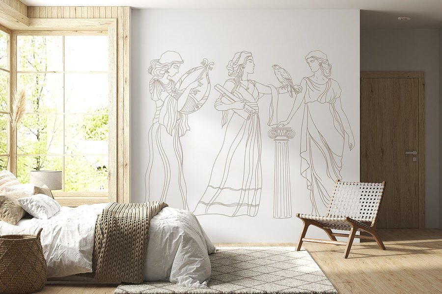 Line drawing of women in long dresses