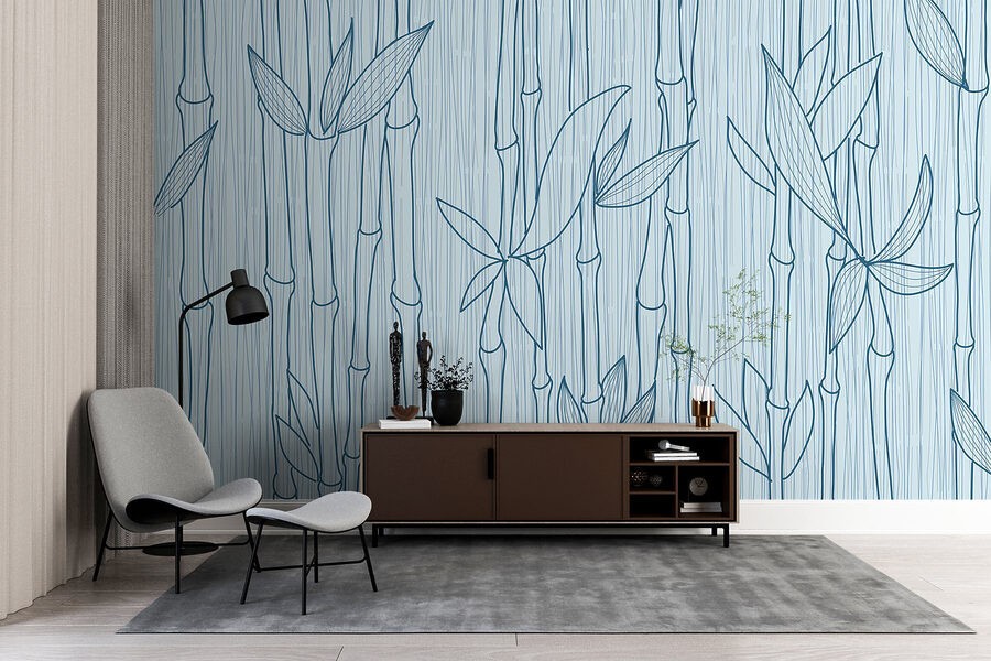 Wall murals Blue line drawing of bamboo