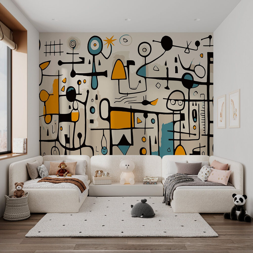 Colorful art piece with people and shapes