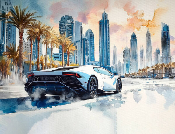 Painting of a white sports car driving on a road with palm trees