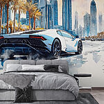 Wall mural Painting of a white sports car driving on a road with palm trees