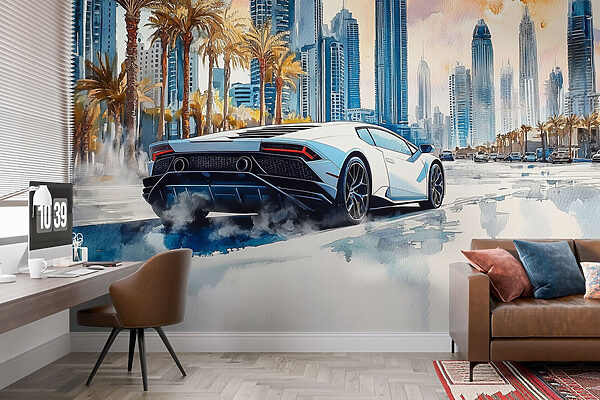 Painting of a white sports car driving on a road with palm trees