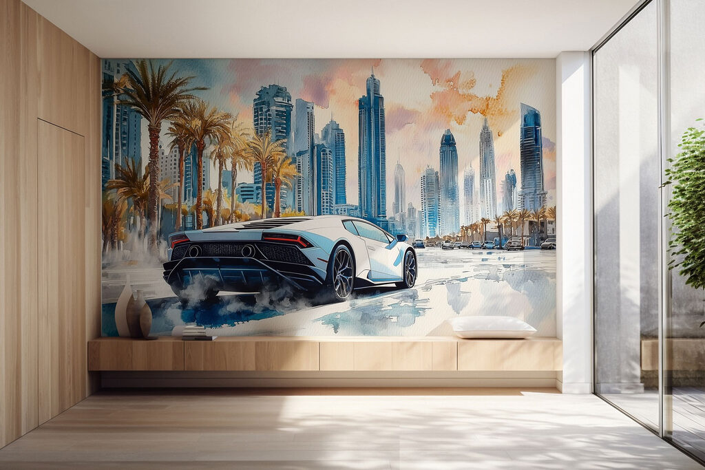 Painting of a white sports car driving on a road with palm trees