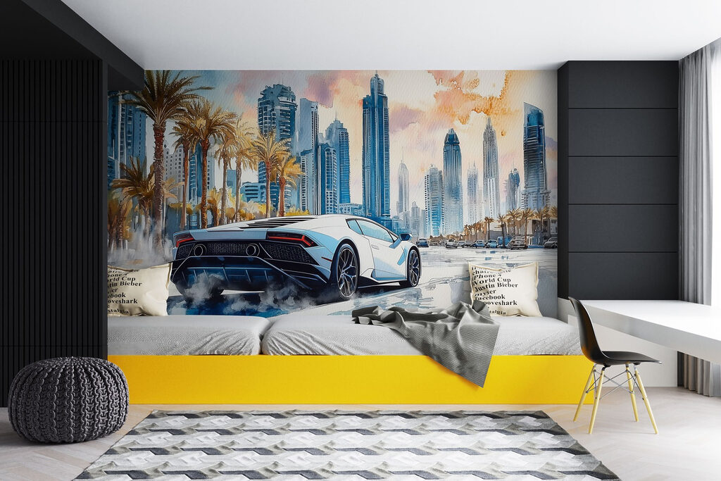 Painting of a white sports car driving on a road with palm trees