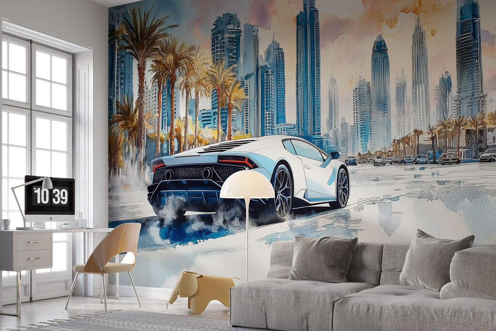 Painting of a white sports car driving on a road with palm trees