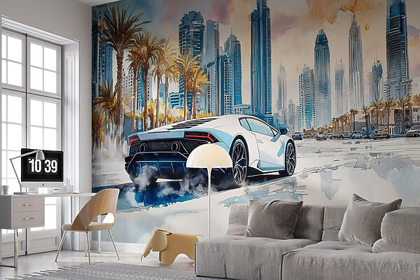 Painting of a white sports car driving on a road with palm trees