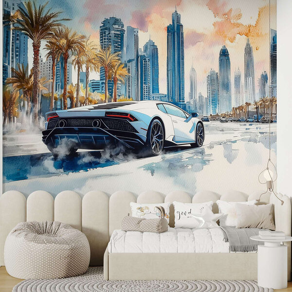 Painting of a white sports car driving on a road with palm trees