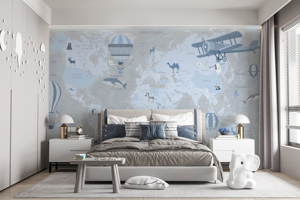Map of the world with different types of airplanes and animals Map of the world with different types of airplanes and animals