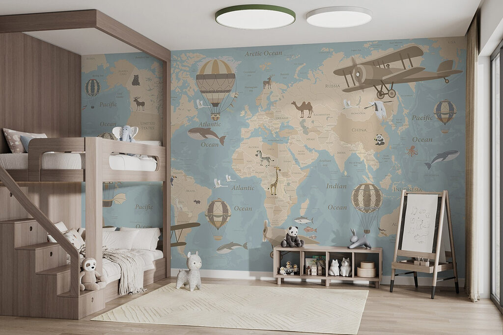 Map of the world with airplanes and hot air balloons