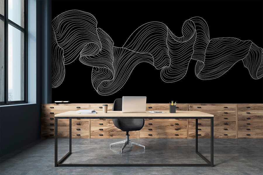 White line art on a black background