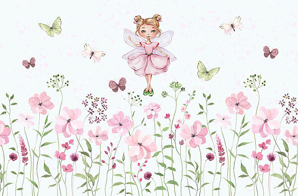 Watercolor of a fairy in a pink dress surrounded by flowers Watercolor of a fairy in a pink dress surrounded by flowers