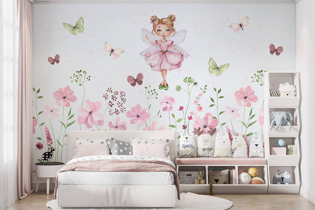 Watercolor of a fairy in a pink dress surrounded by flowers