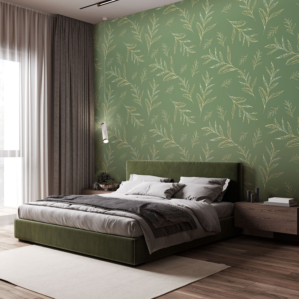 Pattern of leaves on a green background