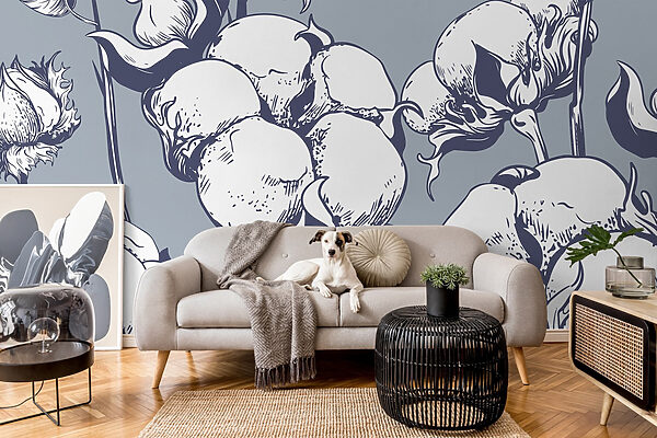 Wall murals Delicate cotton blooms on blue background (SKU: w02097) Wall murals Wall murals Delicate cotton blooms on blue background (SKU: w02097)