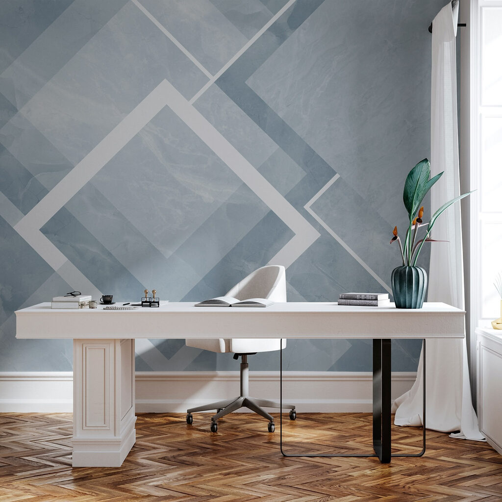 Blue and white background with white squares and lines