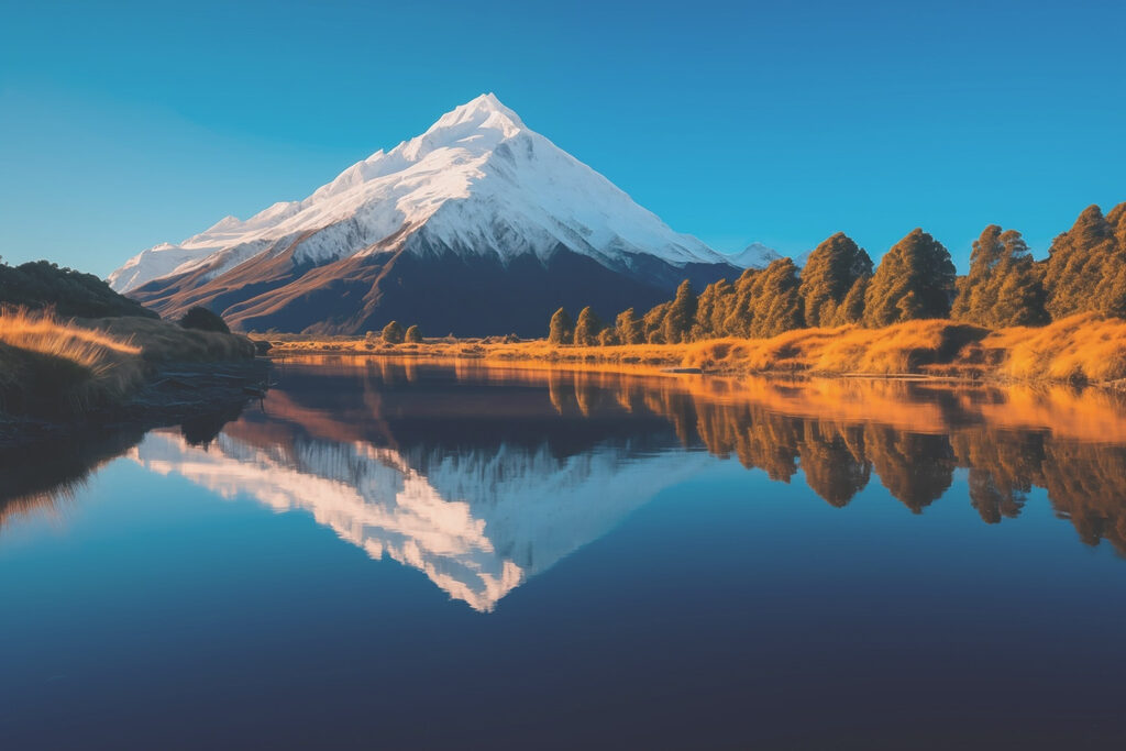 Mountain with trees and a body of water Mountain with trees and a body of water