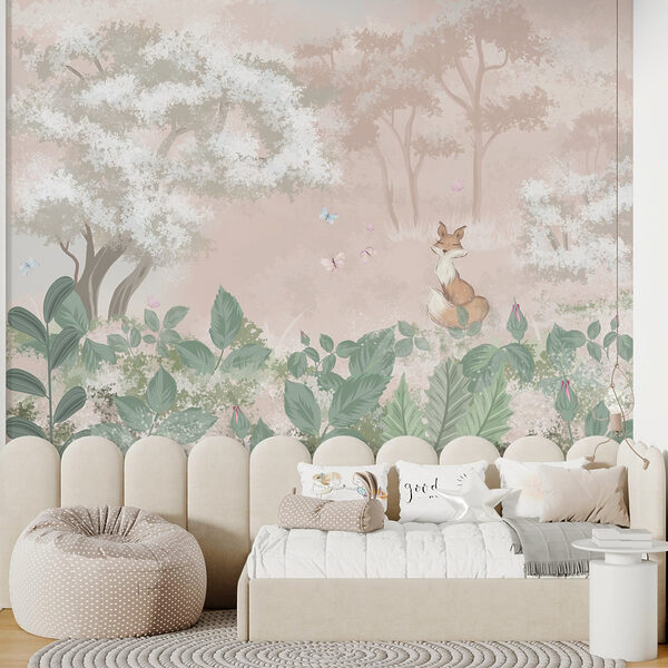 Wall murals Fox and butterflies in a forest (SKU: w02080) Wall murals Wall murals Fox and butterflies in a forest (SKU: w02080)