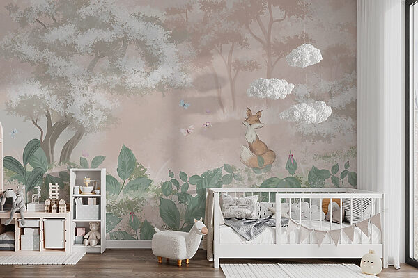 Fox and butterflies in a forest