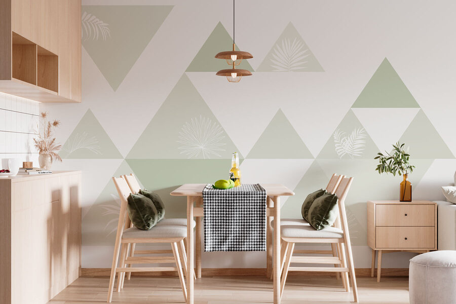 Wall murals White and green triangles with a pattern of leaves