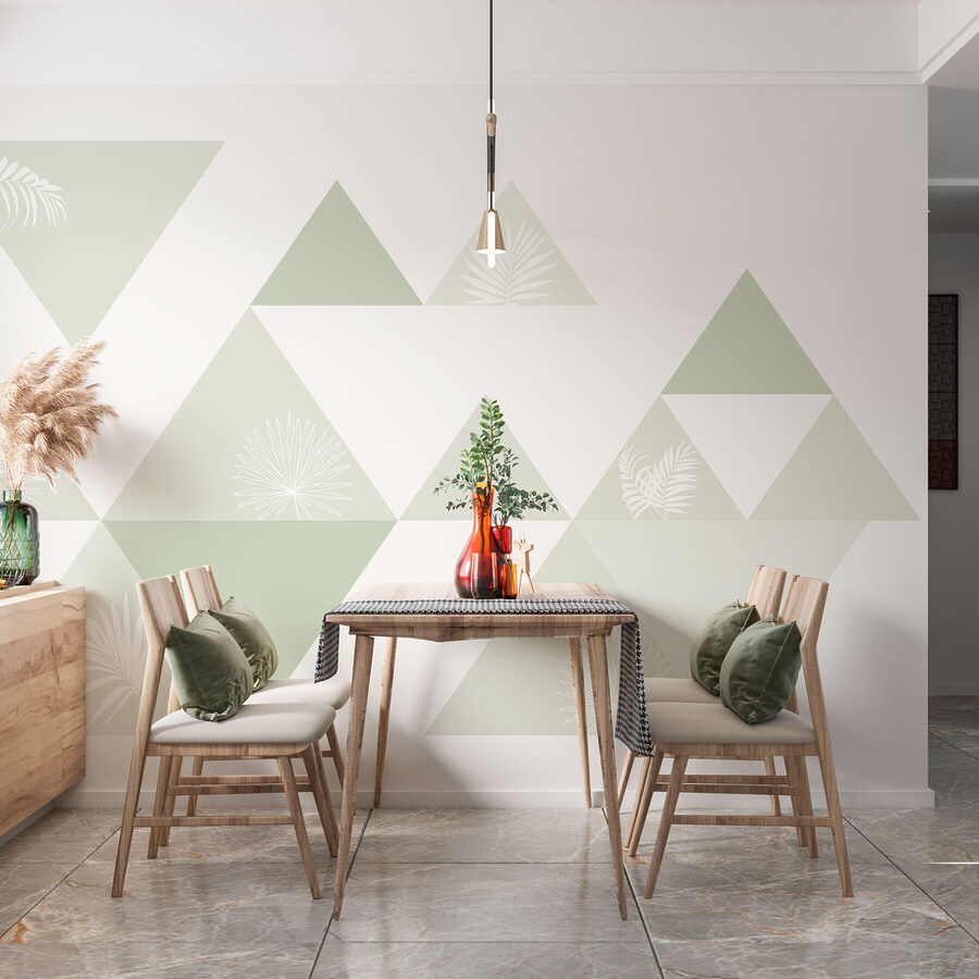 Wall murals White and green triangles with a pattern of leaves - Image 2