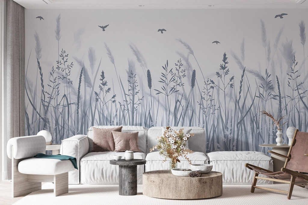 Field of grass with birds flying