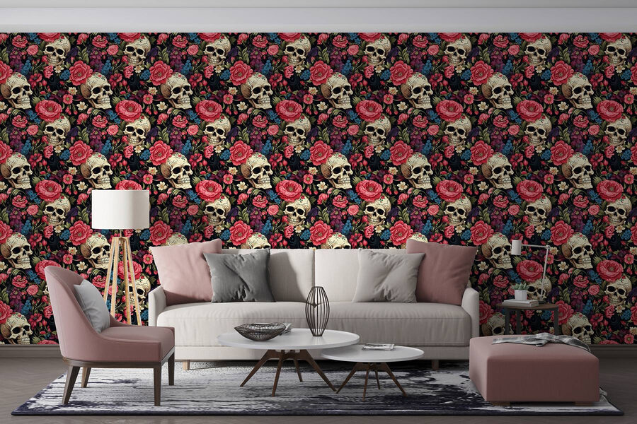 Pattern of skulls and flowers