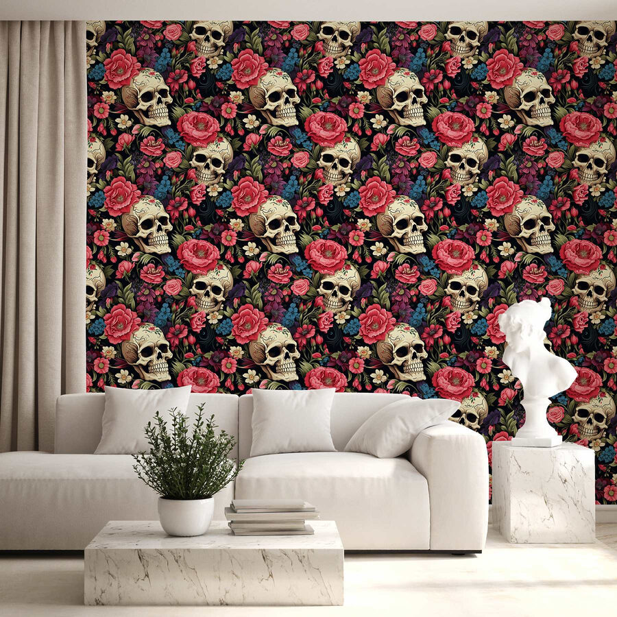 Pattern of skulls and flowers