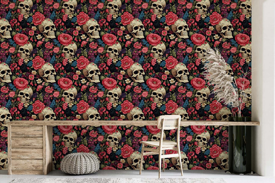 Pattern of skulls and flowers