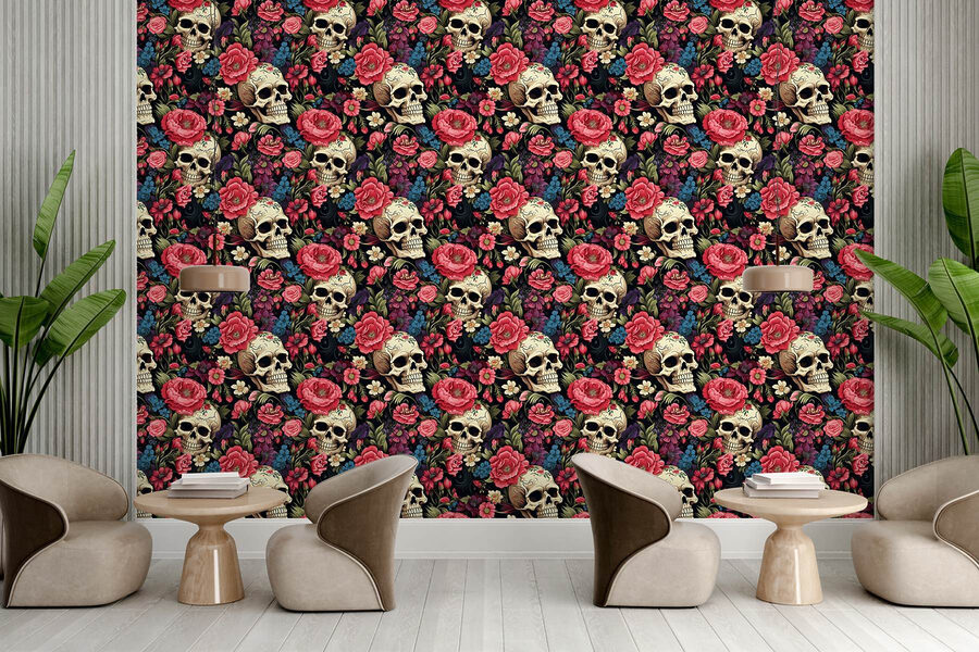 Pattern of skulls and flowers
