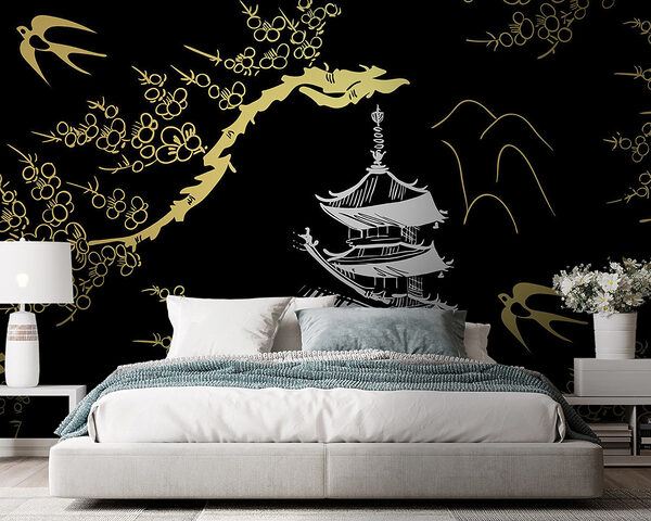 Wall murals Wall murals Serene temple among delicate blossoms (SKU: u97633)