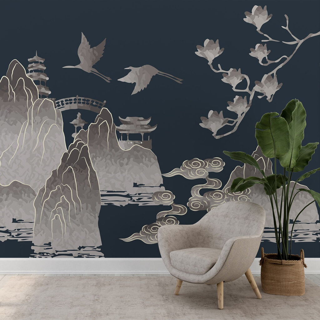 Painting of mountains and cranes Painting of mountains and cranes
