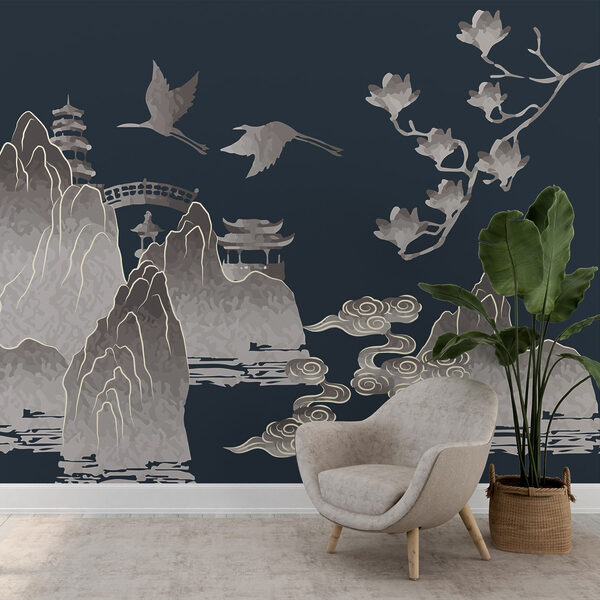 Painting of mountains and cranes Painting of mountains and cranes