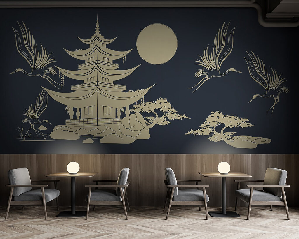 Drawing of a pagoda and cranes Drawing of a pagoda and cranes